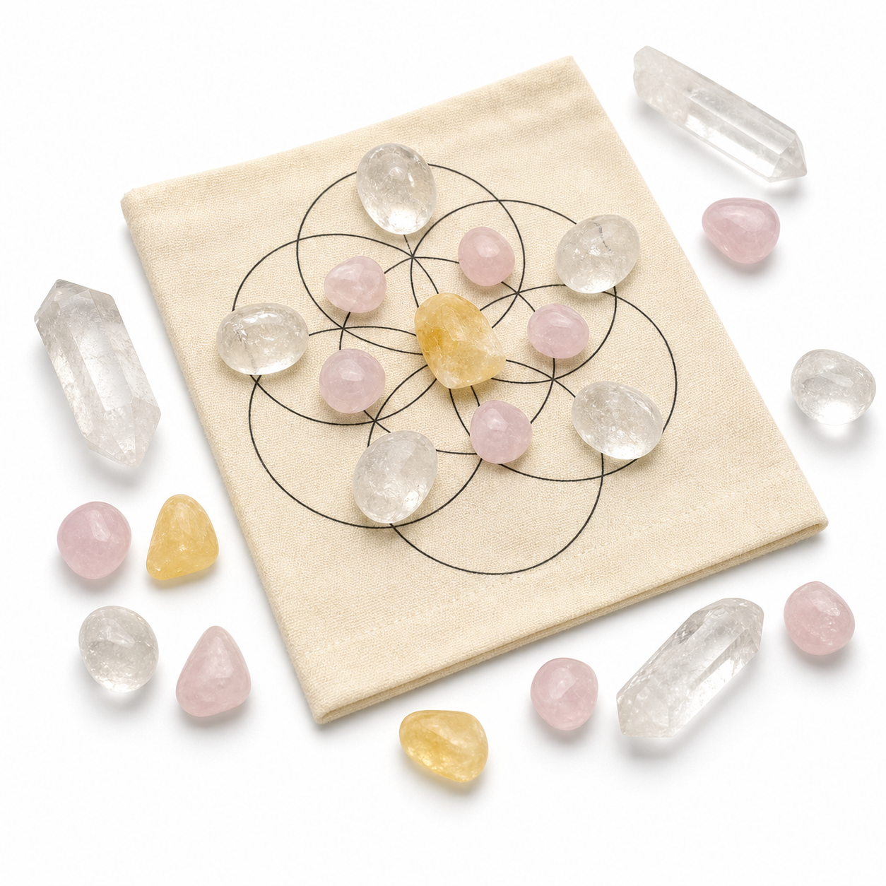 Chakra crystal grid DIY set with clear quartz and tumbled stones